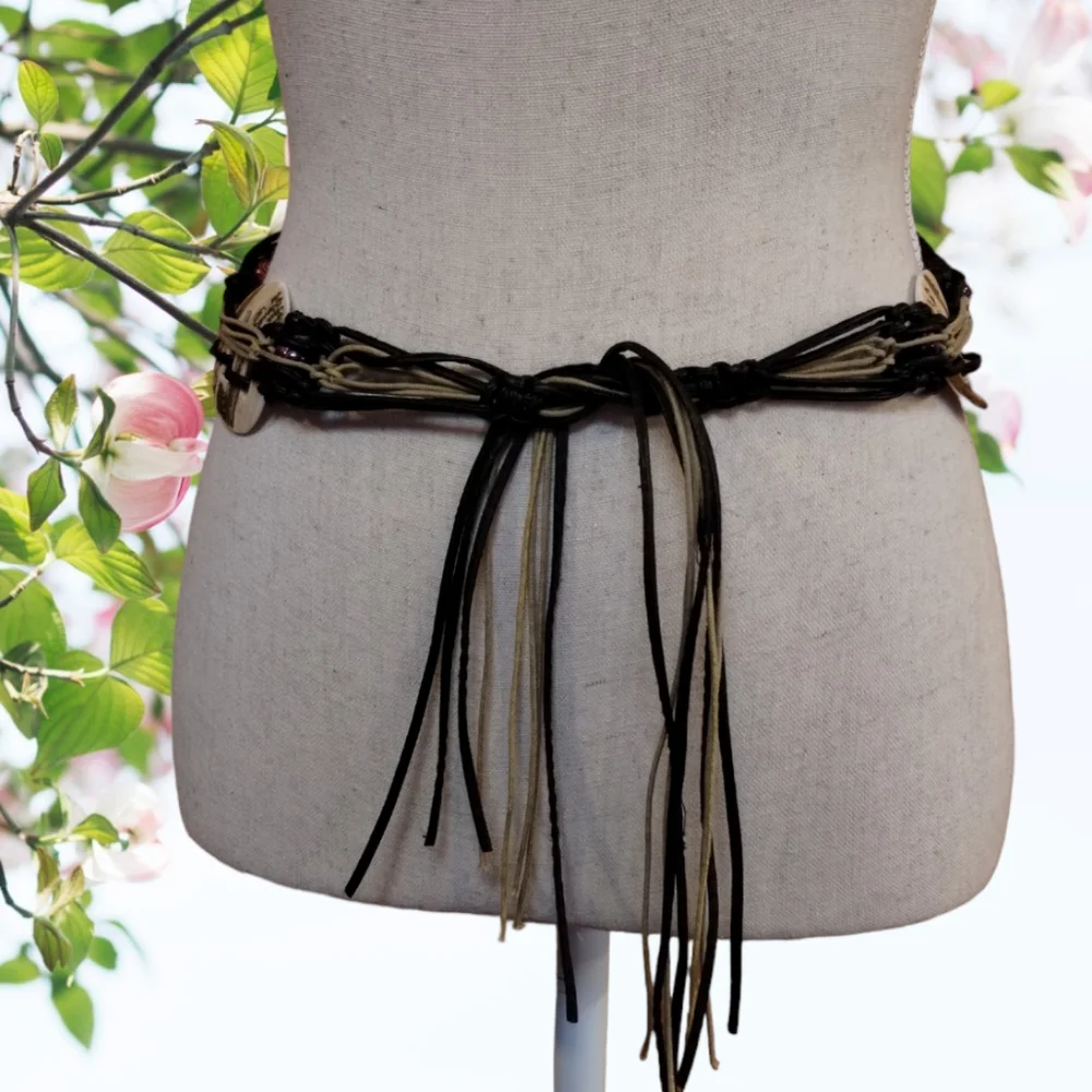 Macrame Beaded & Shell Belt With Tie Front Size XS to S